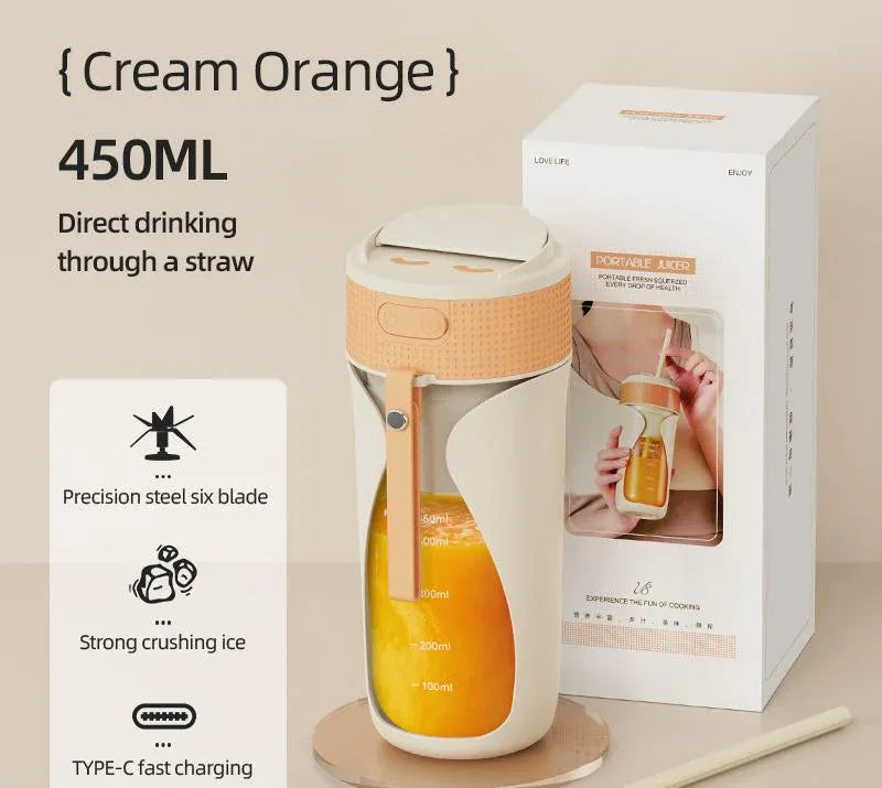 Portable Wireless Juicing Cup - 450ml, 6-Blade Ice Crusher, USB-C Fast Charging Smoothie Blender(orange) - Mekamart Australia