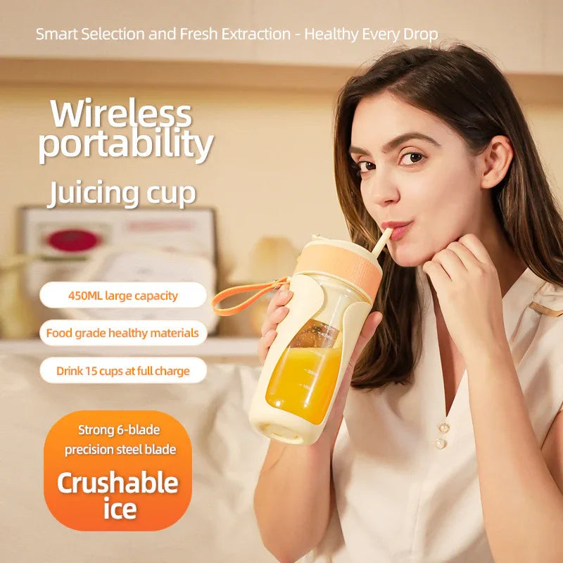 Portable Wireless Juicing Cup - 450ml, 6-Blade Ice Crusher, USB-C Fast Charging Smoothie Blender(orange) - Mekamart Australia