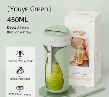 Portable Wireless Juicing Cup - 450ml, 6-Blade Ice Crusher, USB-C Fast Charging Smoothie Blender(green) - Mekamart Australia