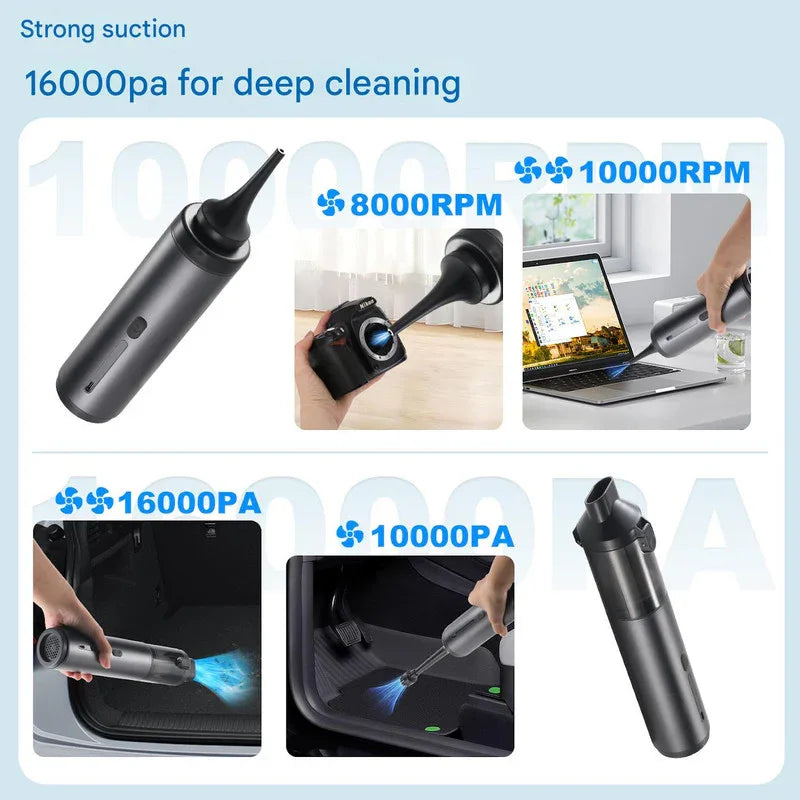 Portable Cordless Handheld Vacuum Cleaner - 16000Pa Suction, 3x2000mAh Battery, Multiple Attachments(Gold) - Mekamart Australia