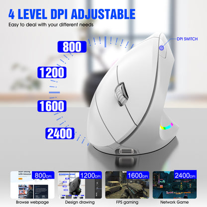 Ergonomic Vertical Wireless Mouse - 2.4G/Bluetooth, Rechargeable, RGB Light, 4 DPI Levels(pink)