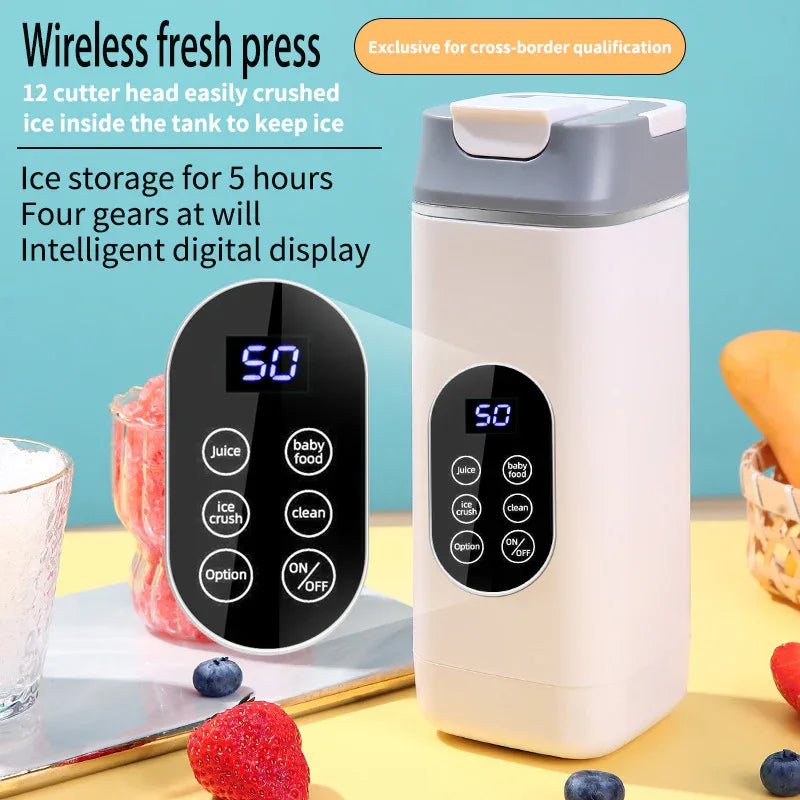 White Rechargeable Travel Blender Cup - 12 Blades, Digital Display, Self-Cleaning - Mekamart Australia