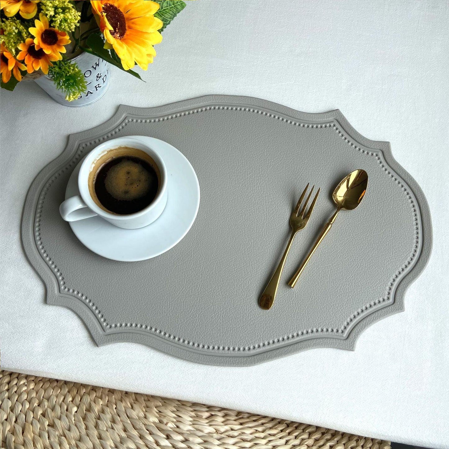 4 pcs Retro Faux Leather Placemat - Waterproof & Oil-Proof Dining Table Mat (Light grey) - Mekamart Australia