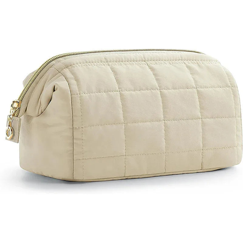 Beige Chic Quilted Puffer Makeup Bag - Large Capacity Travel Cosmetic Organizer with Wide Opening - Mekamart Australia