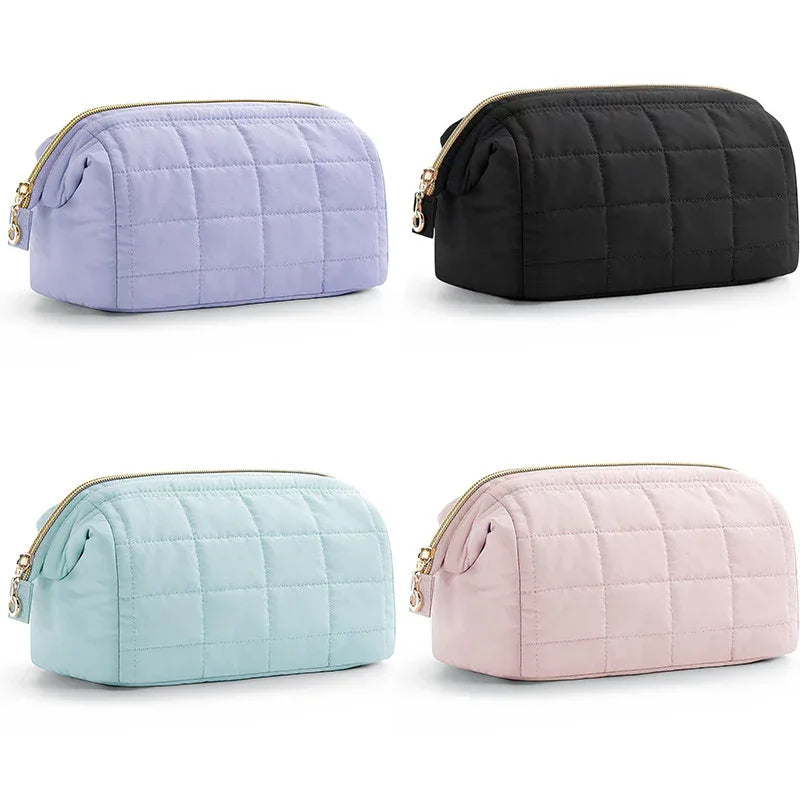Beige Chic Quilted Puffer Makeup Bag - Large Capacity Travel Cosmetic Organizer with Wide Opening - Mekamart Australia