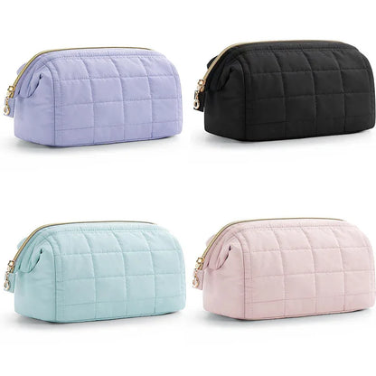 Beige Chic Quilted Puffer Makeup Bag - Large Capacity Travel Cosmetic Organizer with Wide Opening - Mekamart Australia