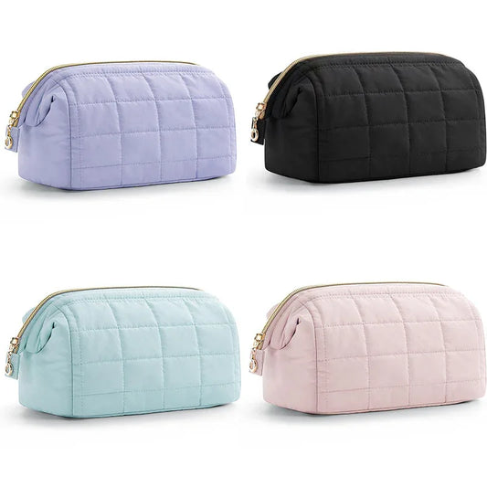 Beige Chic Quilted Puffer Makeup Bag - Large Capacity Travel Cosmetic Organizer with Wide Opening - Mekamart Australia