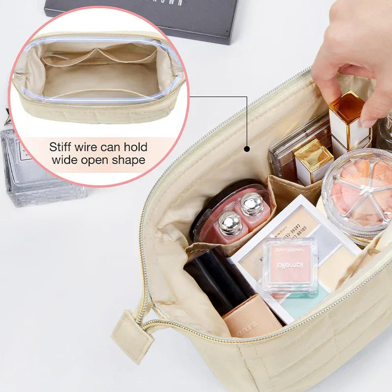 Beige Chic Quilted Puffer Makeup Bag - Large Capacity Travel Cosmetic Organizer with Wide Opening - Mekamart Australia