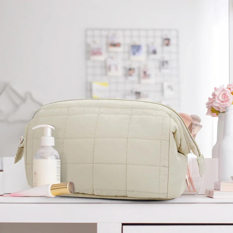 Beige Chic Quilted Puffer Makeup Bag - Large Capacity Travel Cosmetic Organizer with Wide Opening - Mekamart Australia