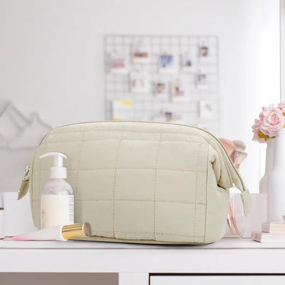 Beige Chic Quilted Puffer Makeup Bag - Large Capacity Travel Cosmetic Organizer with Wide Opening - Mekamart Australia