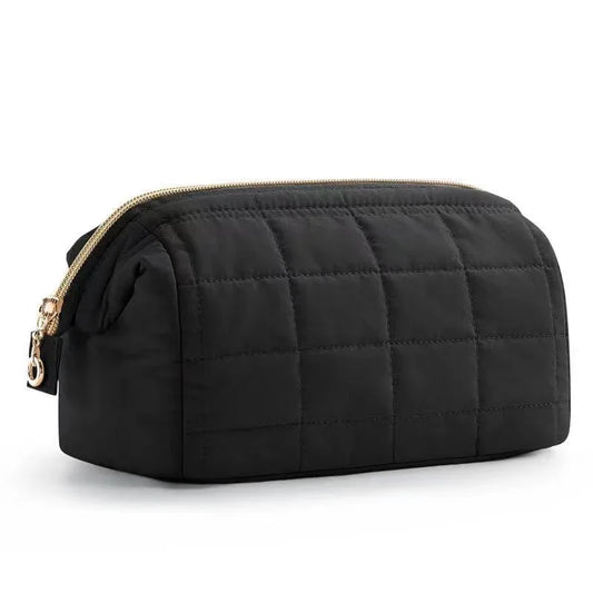 Black Chic Quilted Puffer Makeup Bag - Large Capacity Travel Cosmetic Organizer with Wide Opening - Mekamart Australia
