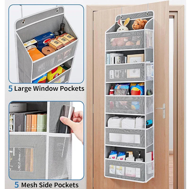 Grey Heavy Duty 5-Tier Over-The-Door Hanging Organizer - Space-Saving Storage with Clear Windows & Mesh Pockets - Mekamart Australia