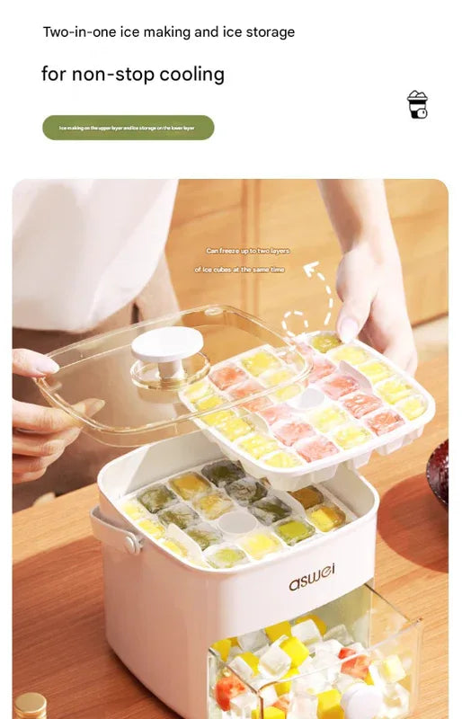 White Innovative Press-Release Ice Cube Maker - Dual Layer Trays & Storage Bin (48 Cubes) - Mekamart Australia