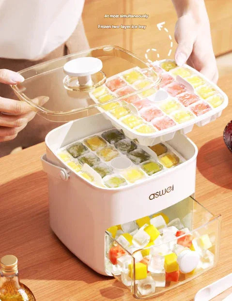 Blue Innovative Press-Release Ice Cube Maker - Dual Layer Trays & Storage Bin (48 Cubes) - Mekamart Australia