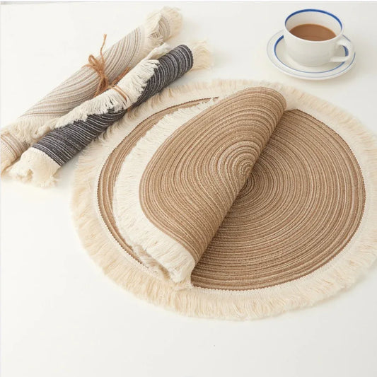Blue Chic Round Woven Placemats with Tassel Fringe - Set of 4, Cotton Ramie Blend, Heat Resistant Table Mats - Mekamart Australia