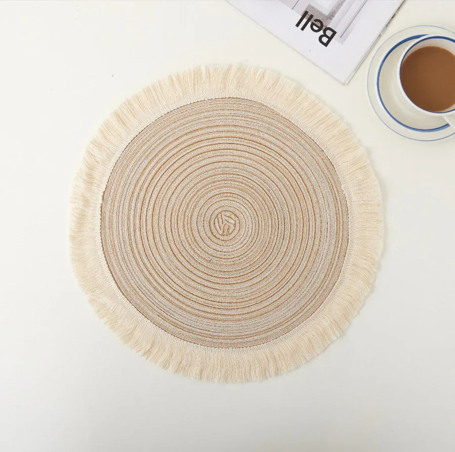 Beige Chic Round Woven Placemats with Tassel Fringe - Set of 4, Cotton Ramie Blend, Heat Resistant Table Mats - Mekamart Australia