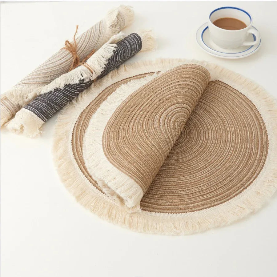 Brown Chic Round Woven Placemats with Tassel Fringe - Set of 4, Cotton Ramie Blend, Heat Resistant Table Mats - Mekamart Australia