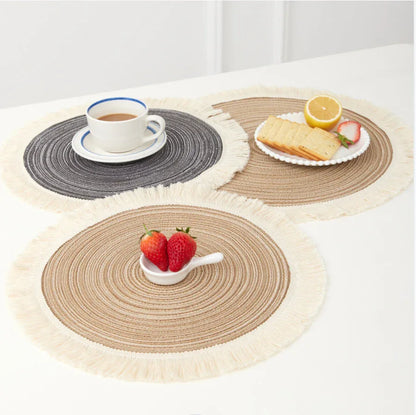 Brown Chic Round Woven Placemats with Tassel Fringe - Set of 4, Cotton Ramie Blend, Heat Resistant Table Mats - Mekamart Australia