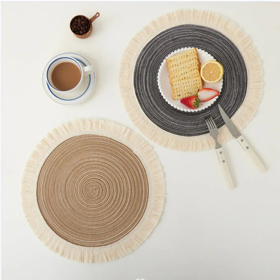 Brown Chic Round Woven Placemats with Tassel Fringe - Set of 4, Cotton Ramie Blend, Heat Resistant Table Mats - Mekamart Australia