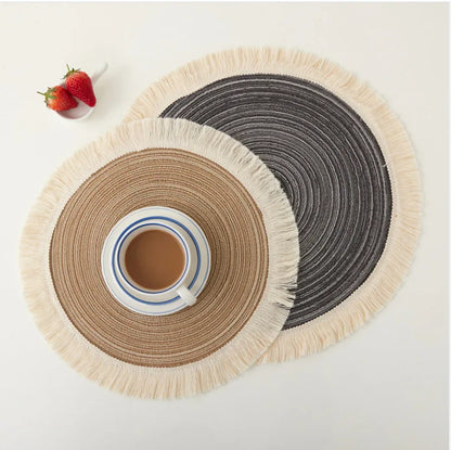 Brown Chic Round Woven Placemats with Tassel Fringe - Set of 4, Cotton Ramie Blend, Heat Resistant Table Mats - Mekamart Australia