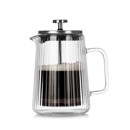 Transparent Elegant Ribbed Double Wall Glass French Press - 650ml Heat Resistant Coffee and Tea Maker with Stainless Steel Filter - Mekamart Australia