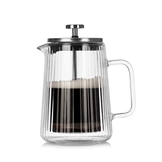 Transparent Elegant Ribbed Double Wall Glass French Press - 650ml Heat Resistant Coffee and Tea Maker with Stainless Steel Filter - Mekamart Australia