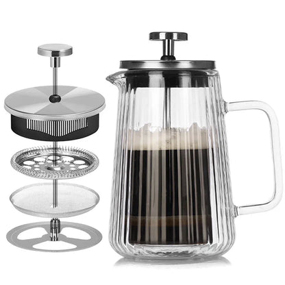 Transparent Elegant Ribbed Double Wall Glass French Press - 650ml Heat Resistant Coffee and Tea Maker with Stainless Steel Filter - Mekamart Australia