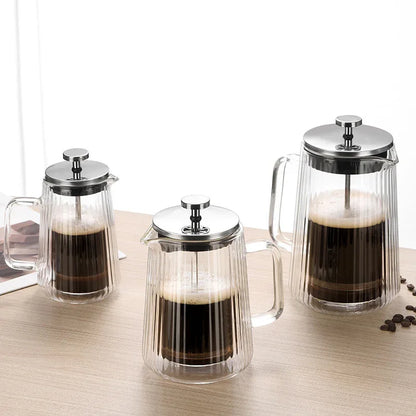 Transparent Elegant Ribbed Double Wall Glass French Press - 650ml Heat Resistant Coffee and Tea Maker with Stainless Steel Filter - Mekamart Australia