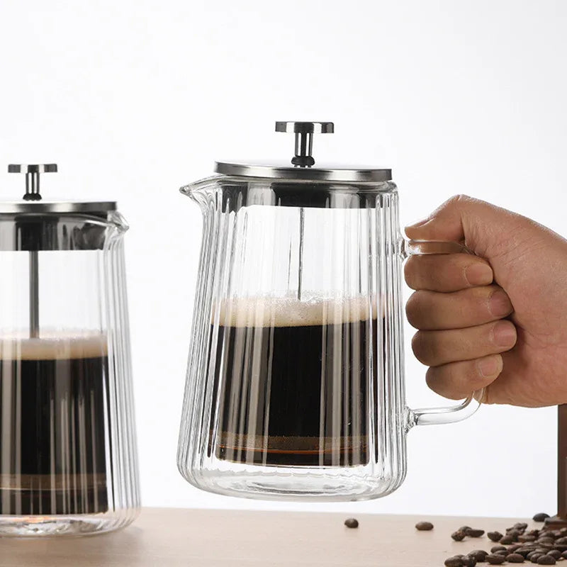 Transparent Elegant Ribbed Double Wall Glass French Press - 650ml Heat Resistant Coffee and Tea Maker with Stainless Steel Filter - Mekamart Australia