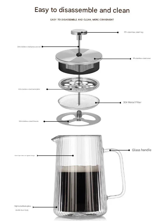 Transparent Elegant Ribbed Double Wall Glass French Press - 650ml Heat Resistant Coffee and Tea Maker with Stainless Steel Filter - Mekamart Australia
