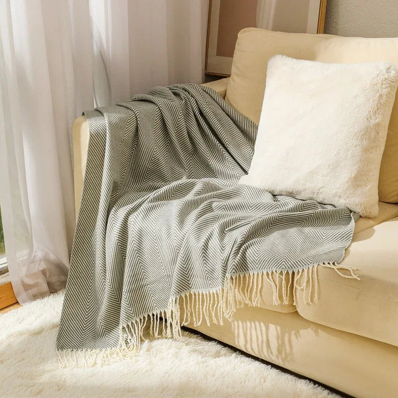 Grey Elegant Herringbone Tassel Throw Blanket - Large Acrylic Faux Cashmere Soft Cozy Blanket for Sofa, Bed & Decor (130x240cm) - Mekamart Australia