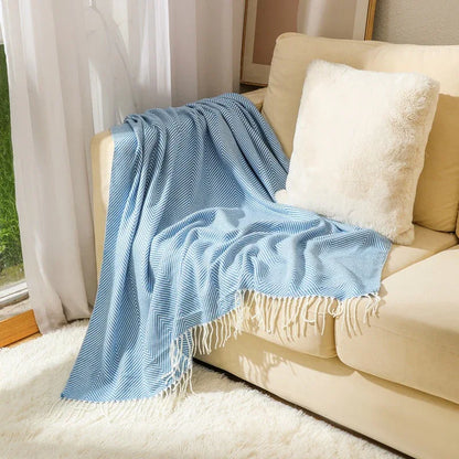 Blue Elegant Herringbone Tassel Throw Blanket - Large Acrylic Faux Cashmere Soft Cozy Blanket for Sofa, Bed & Decor (130x240cm) - Mekamart Australia