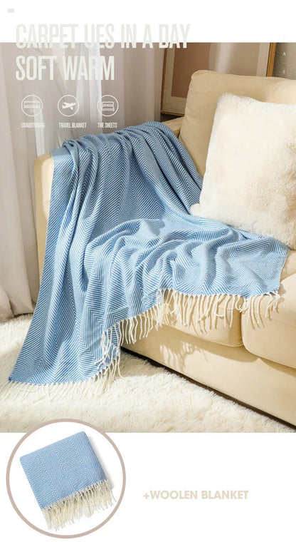 Blue Elegant Herringbone Tassel Throw Blanket - Large Acrylic Faux Cashmere Soft Cozy Blanket for Sofa, Bed & Decor (130x240cm) - Mekamart Australia