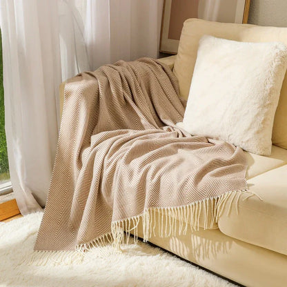 Khaki Elegant Herringbone Tassel Throw Blanket - Large Acrylic Faux Cashmere Soft Cozy Blanket for Sofa, Bed & Decor (130x240cm) - Mekamart Australia