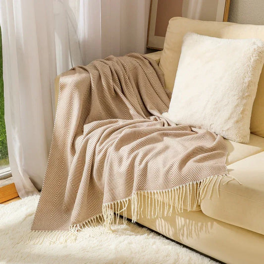 Khaki Elegant Herringbone Tassel Throw Blanket - Large Acrylic Faux Cashmere Soft Cozy Blanket for Sofa, Bed & Decor (130x240cm) - Mekamart Australia