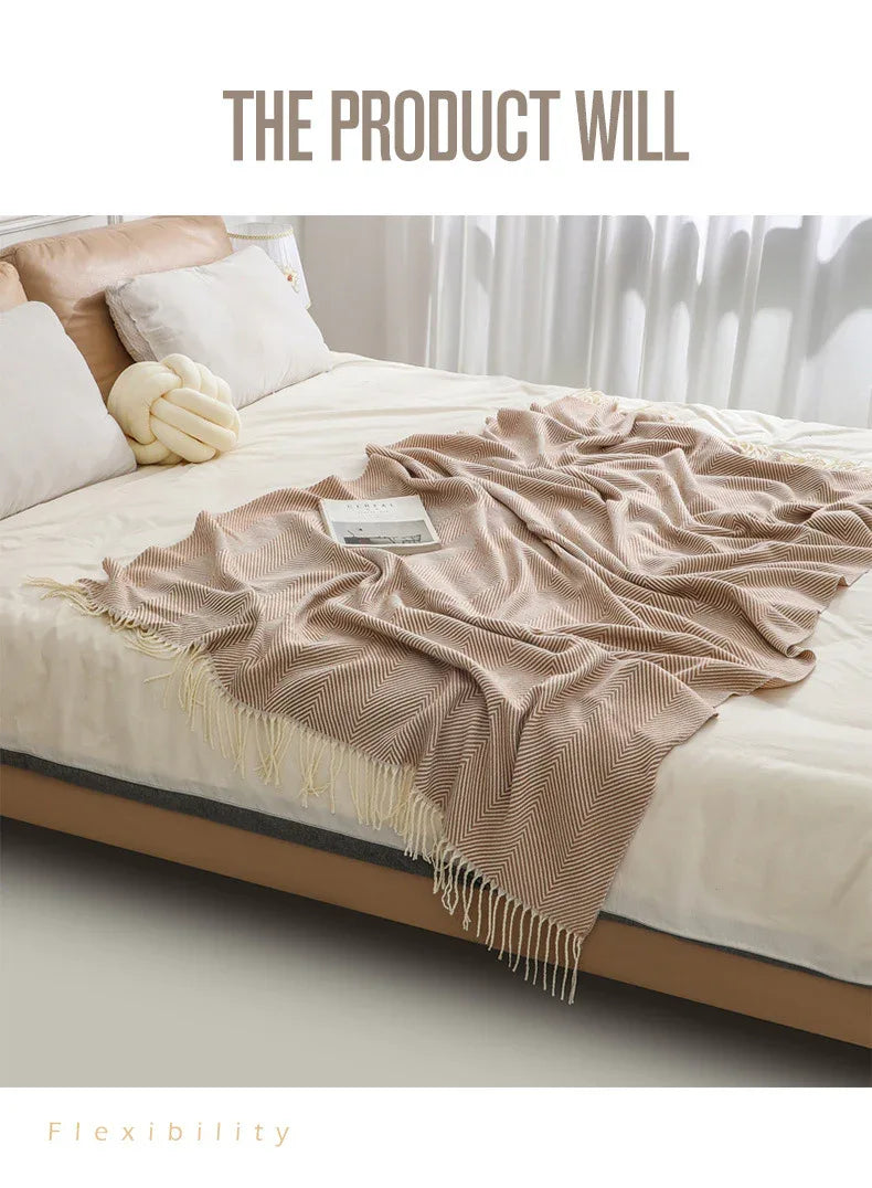 Khaki Elegant Herringbone Tassel Throw Blanket - Large Acrylic Faux Cashmere Soft Cozy Blanket for Sofa, Bed & Decor (130x240cm) - Mekamart Australia