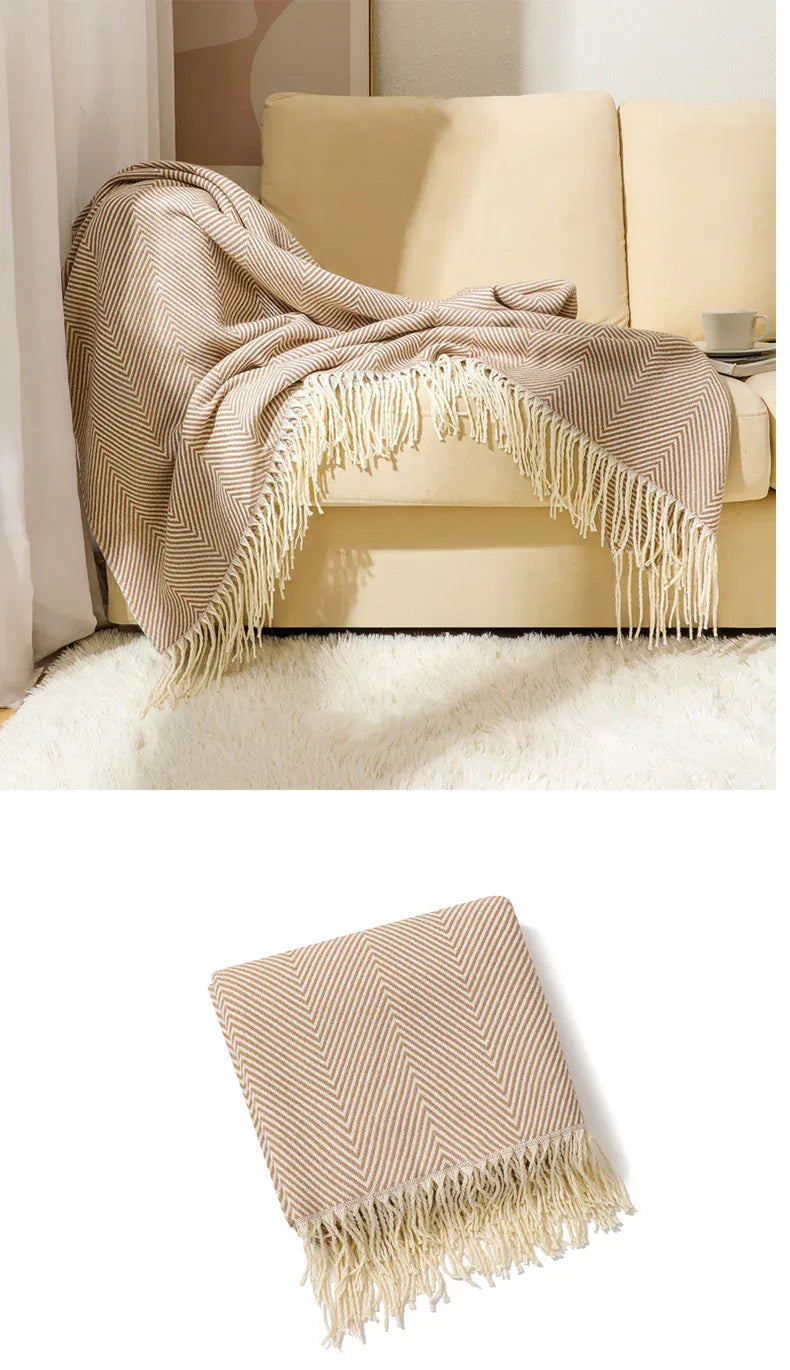 Khaki Elegant Herringbone Tassel Throw Blanket - Large Acrylic Faux Cashmere Soft Cozy Blanket for Sofa, Bed & Decor (130x240cm) - Mekamart Australia