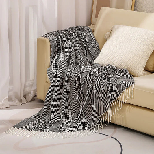 Black Elegant Herringbone Tassel Throw Blanket - Large Acrylic Faux Cashmere Soft Cozy Blanket for Sofa, Bed & Decor (130x240cm) - Mekamart Australia