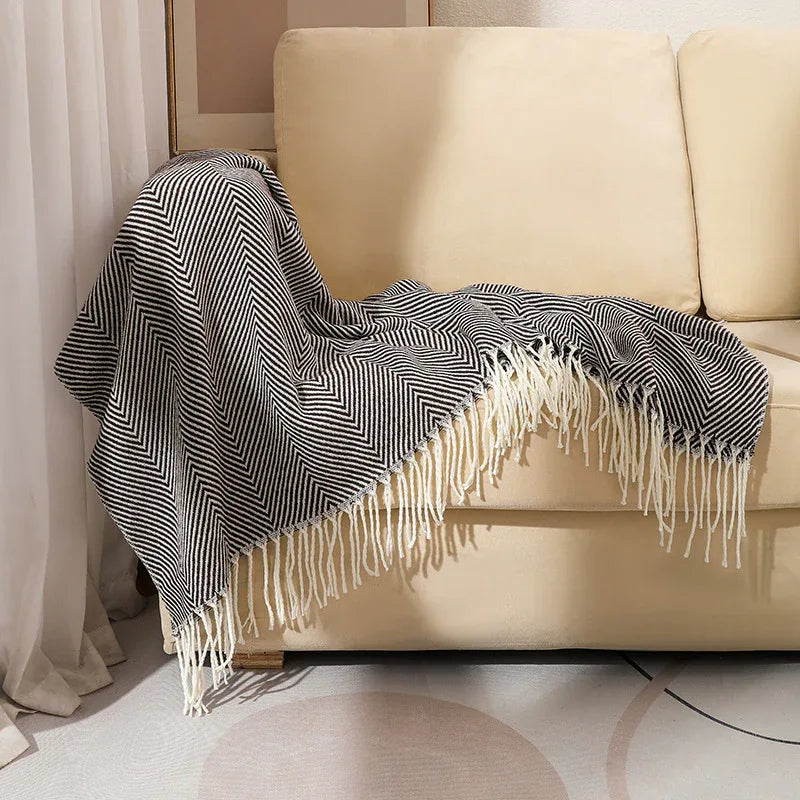 Black Elegant Herringbone Tassel Throw Blanket - Large Acrylic Faux Cashmere Soft Cozy Blanket for Sofa, Bed & Decor (130x240cm) - Mekamart Australia