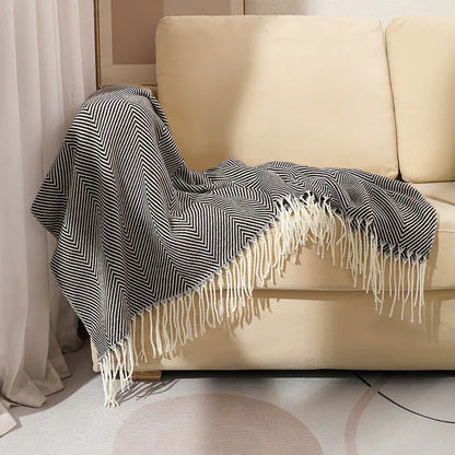 Black Elegant Herringbone Tassel Throw Blanket - Large Acrylic Faux Cashmere Soft Cozy Blanket for Sofa, Bed & Decor (130x240cm) - Mekamart Australia