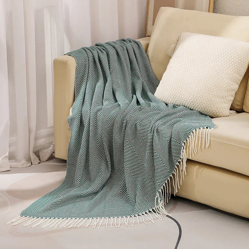 Green Elegant Herringbone Tassel Throw Blanket - Large Acrylic Faux Cashmere Soft Cozy Blanket for Sofa, Bed & Decor (130x240cm) - Mekamart Australia
