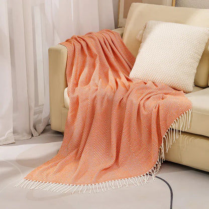 Orange Elegant Herringbone Tassel Throw Blanket - Large Acrylic Faux Cashmere Soft Cozy Blanket for Sofa, Bed & Decor (130x240cm) - Mekamart Australia