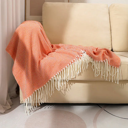 Orange Elegant Herringbone Tassel Throw Blanket - Large Acrylic Faux Cashmere Soft Cozy Blanket for Sofa, Bed & Decor (130x240cm) - Mekamart Australia