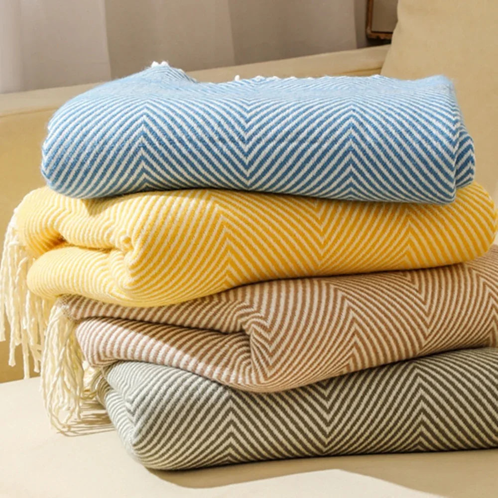 Orange Elegant Herringbone Tassel Throw Blanket - Large Acrylic Faux Cashmere Soft Cozy Blanket for Sofa, Bed & Decor (130x240cm) - Mekamart Australia