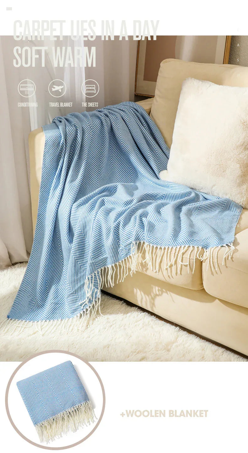 Orange Elegant Herringbone Tassel Throw Blanket - Large Acrylic Faux Cashmere Soft Cozy Blanket for Sofa, Bed & Decor (130x240cm) - Mekamart Australia