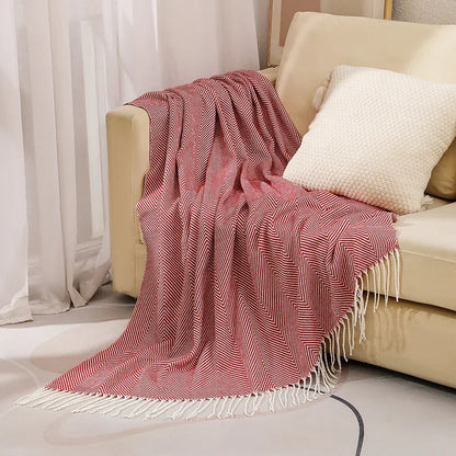 Red Elegant Herringbone Tassel Throw Blanket - Large Acrylic Faux Cashmere Soft Cozy Blanket for Sofa, Bed & Decor (130x240cm) - Mekamart Australia