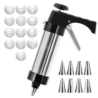 Silver and Black Stainless Steel Cookie Press Gun Kit - Biscuit Maker & Icing Decorating Set with 13 Discs & 8 Nozzles - Mekamart Australia