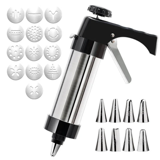 Silver and Black Stainless Steel Cookie Press Gun Kit - Biscuit Maker & Icing Decorating Set with 13 Discs & 8 Nozzles - Mekamart Australia