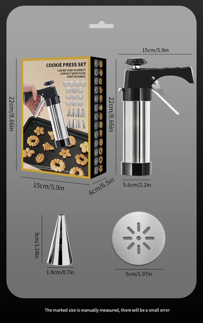 Silver and Black Stainless Steel Cookie Press Gun Kit - Biscuit Maker & Icing Decorating Set with 13 Discs & 8 Nozzles - Mekamart Australia