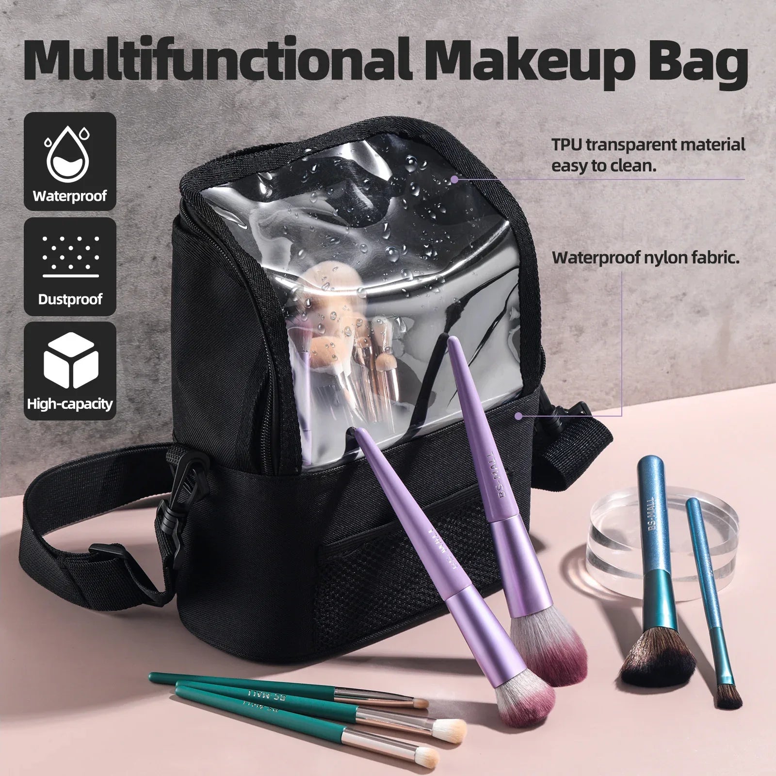 Black Professional Makeup Bag Organizer - Large Capacity Travel Cosmetic Case with Brush Holder, Adjustable Dividers & Shoulder Strap - Mekamart Australia